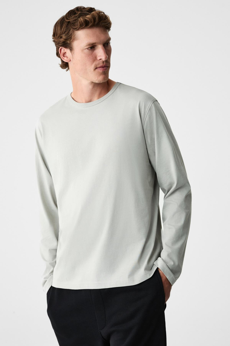 GRAVS Erkek %100 Pamuklu Yumuşak Kumaşlı Yuvarlak Yakalı Uzun Kollu Gri T-Shirt