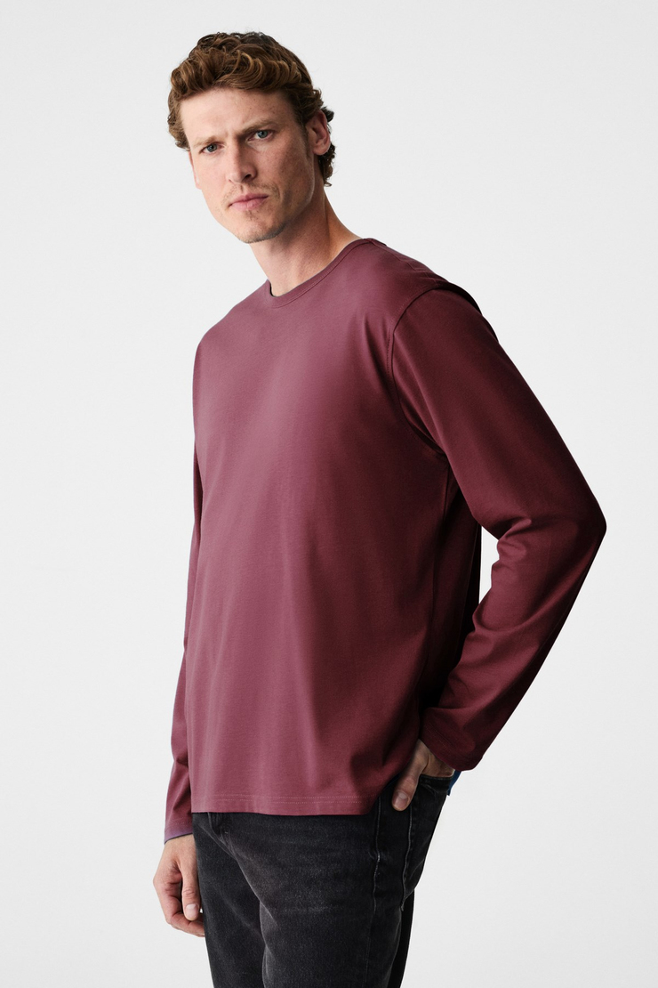 GRAVS Erkek %100 Pamuklu Yumuşak Kumaşlı Yuvarlak Yakalı Uzun Kollu Bordo T-Shirt