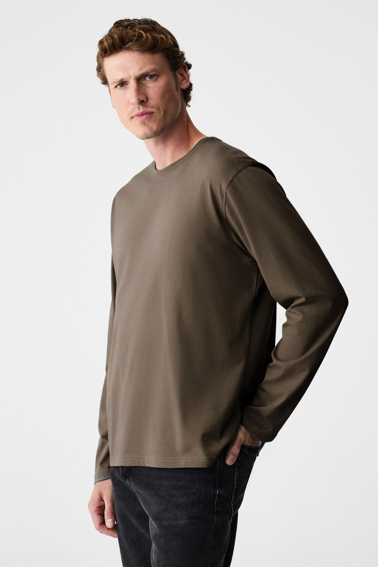 GRAVS Erkek %100 Pamuklu Yumuşak Kumaşlı Yuvarlak Yakalı Uzun Kollu Haki T-Shirt