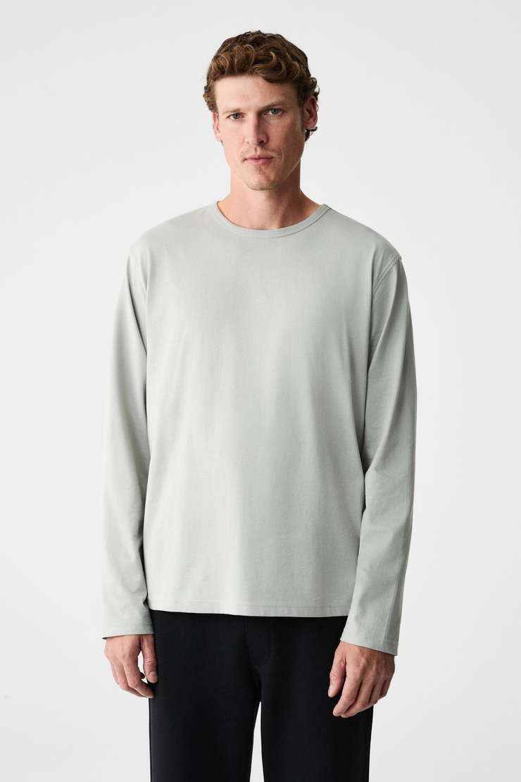 GRAVS Erkek %100 Pamuklu Yumuşak Kumaşlı Yuvarlak Yakalı Uzun Kollu Gri T-Shirt