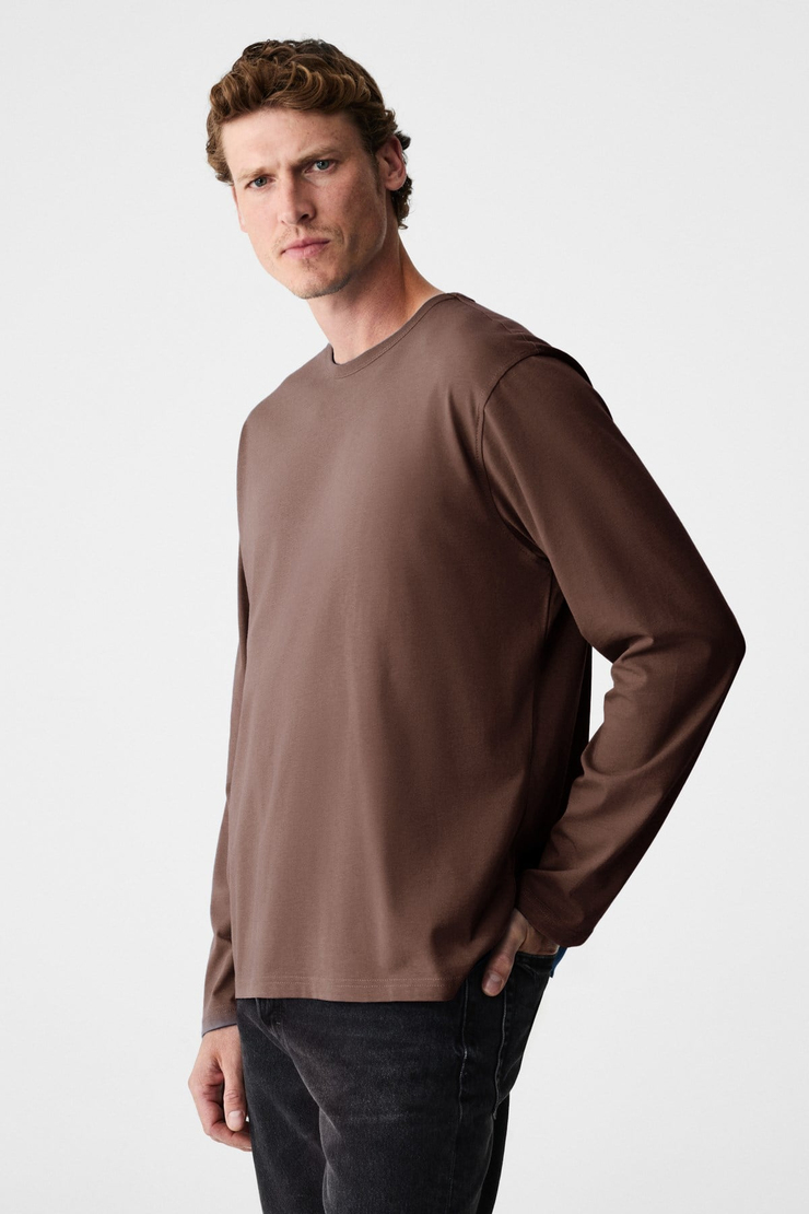 GRAVS Erkek %100 Pamuklu Yumuşak Kumaşlı Yuvarlak Yakalı Uzun Kollu Kahverengi T-Shirt