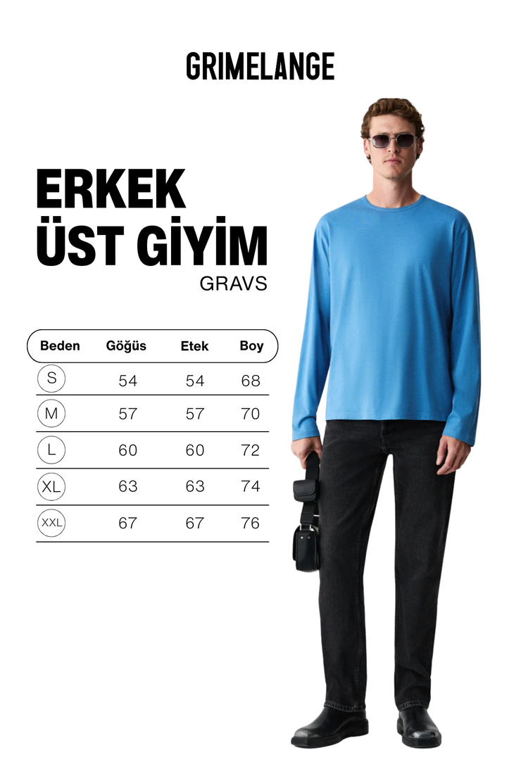 GRAVS Erkek %100 Pamuklu Yumuşak Kumaşlı Yuvarlak Yakalı Uzun Kollu Mavi T-Shirt