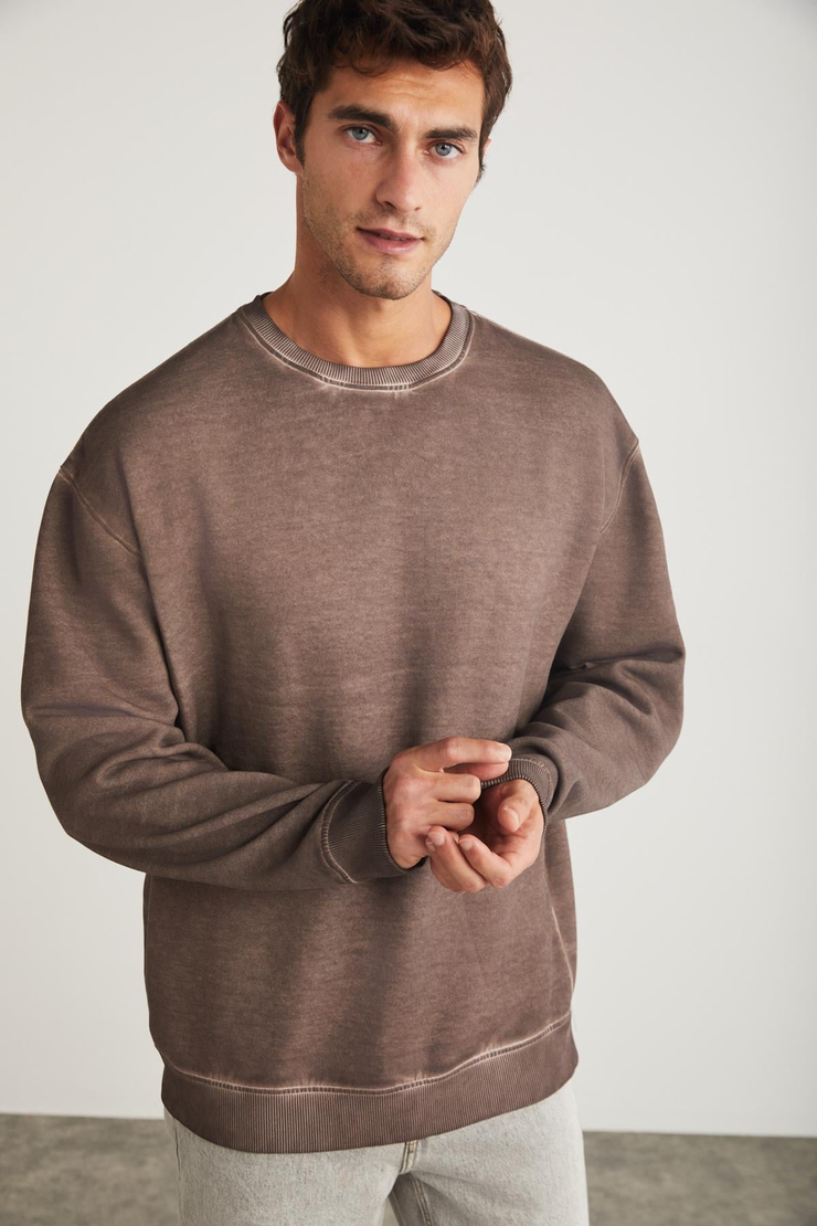 GREGOR Basic Oversize Kahverengi Tekli Sweatshirt