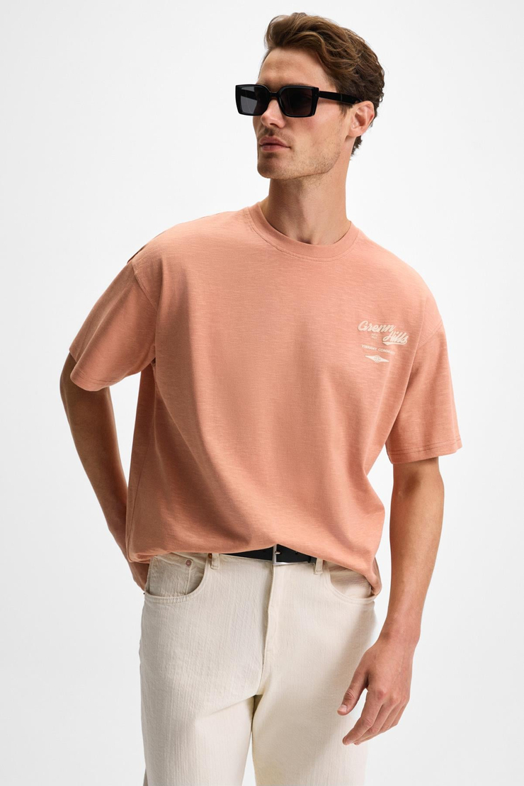 GRENN Erkek Ön Baskı ve Nakış Detaylı Oversize Kısa Kol Organik Pamuıklu Kiremit Rengi T-Shirt