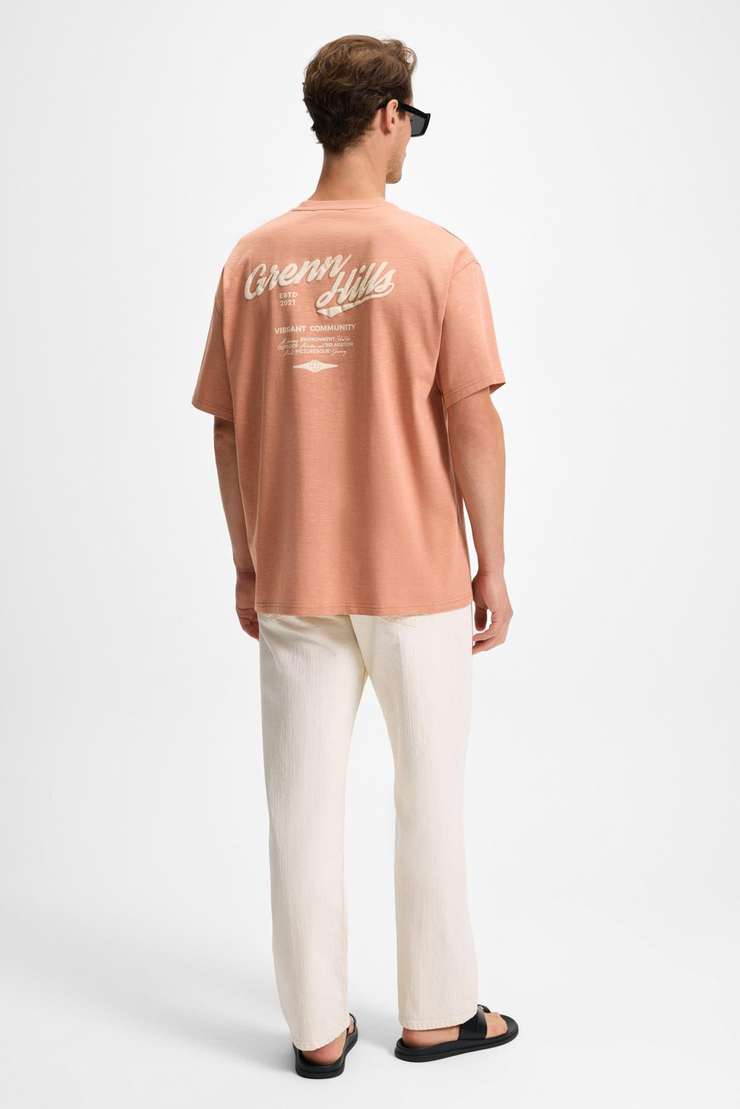 GRENN Erkek Ön Baskı ve Nakış Detaylı Oversize Kısa Kol Organik Pamuıklu Kiremit Rengi T-Shirt
