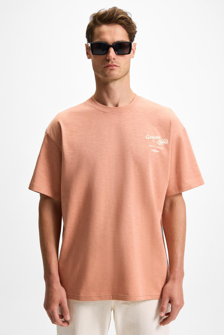 GRENN Erkek Ön Baskı ve Nakış Detaylı Oversize Kısa Kol Organik Pamuıklu Kiremit Rengi T-Shirt
