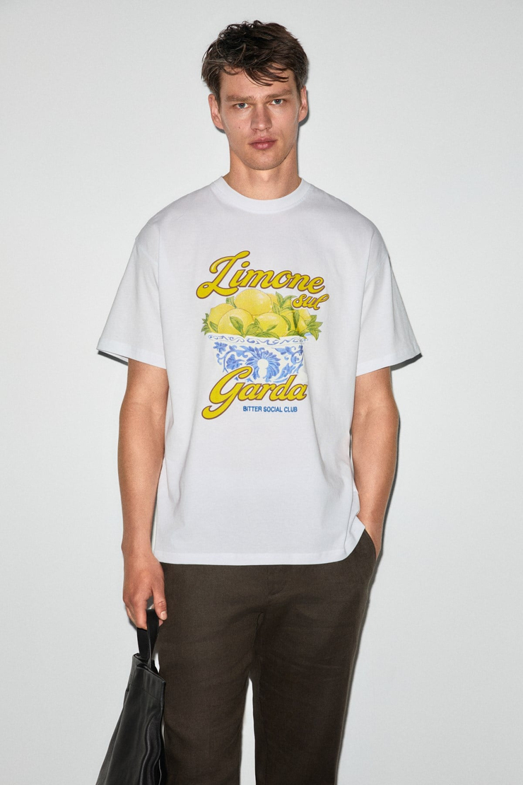 GUARDIANO Erkek %100 Organik Pamuklu Baskı Detaylı Rahat Kalıp Beyaz T-Shirt