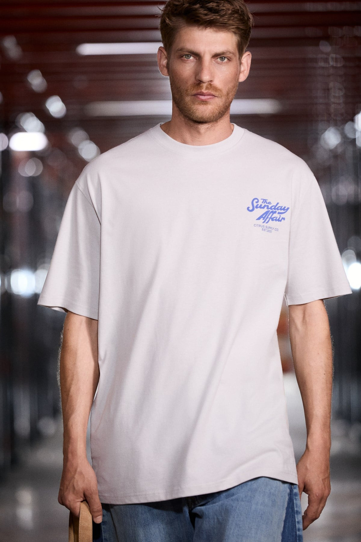 GUARDIANO Erkek %100 Organik Pamuklu Baskı Detaylı Rahat Kalıp Açık Gri T-Shirt