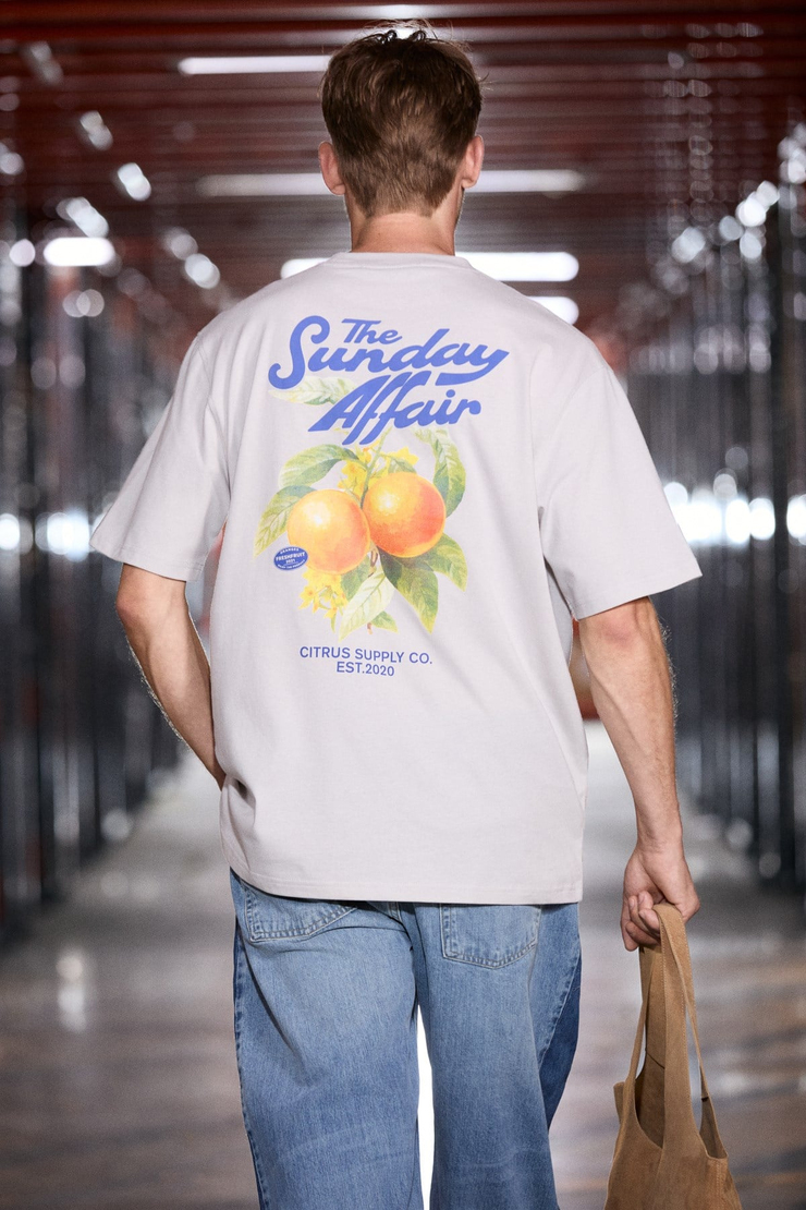 GUARDIANO Erkek %100 Organik Pamuklu Baskı Detaylı Rahat Kalıp Açık Gri T-Shirt