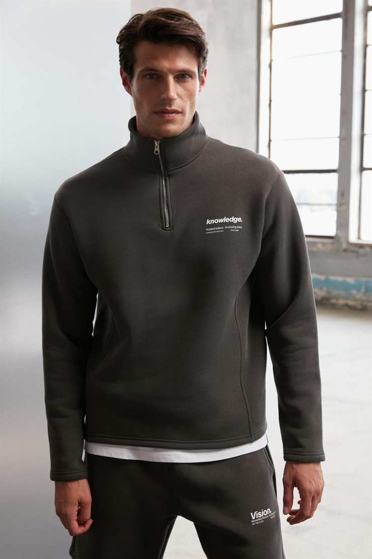 HALDEN Örme Oversize Koyu Gri Tekli Sweatshirt