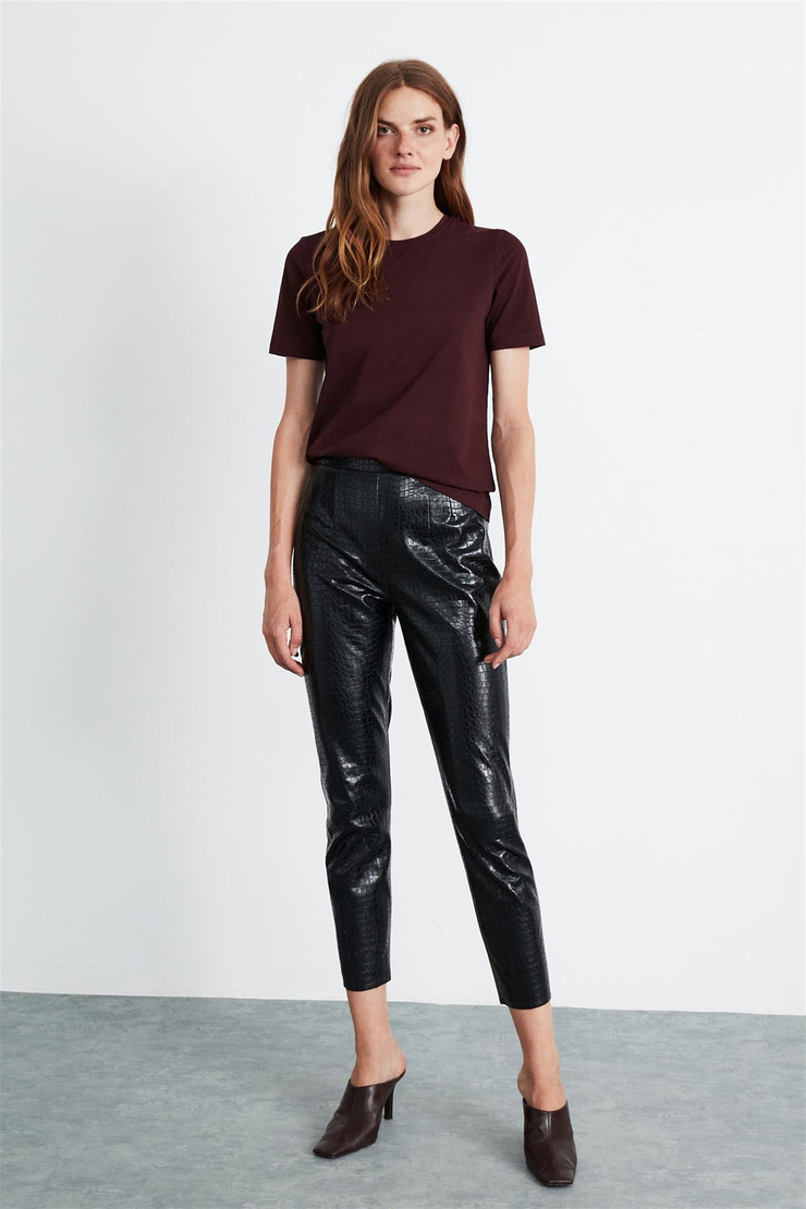 HANNAH Kadın Bordo Düz Renk Yuvarlak Yaka Comfort Fit T-Shirt