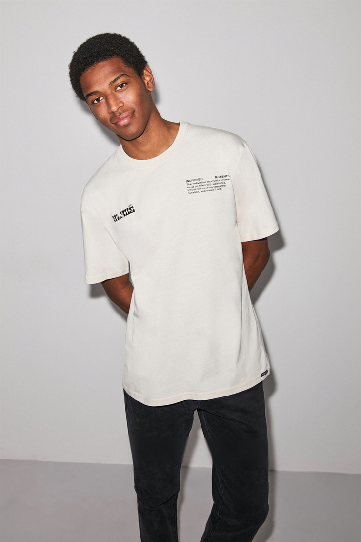 harlem Erkek Ekru Baskılı Yuvarlak Yaka Comfort Fit T-Shirt