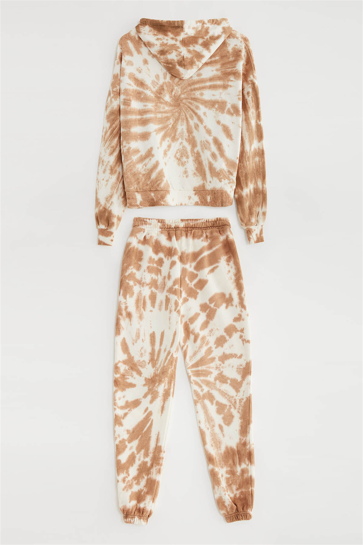 HARMONY Kadın Kahverengi Batik Kapüşonlu Comfort Fit Eşofman Takımı