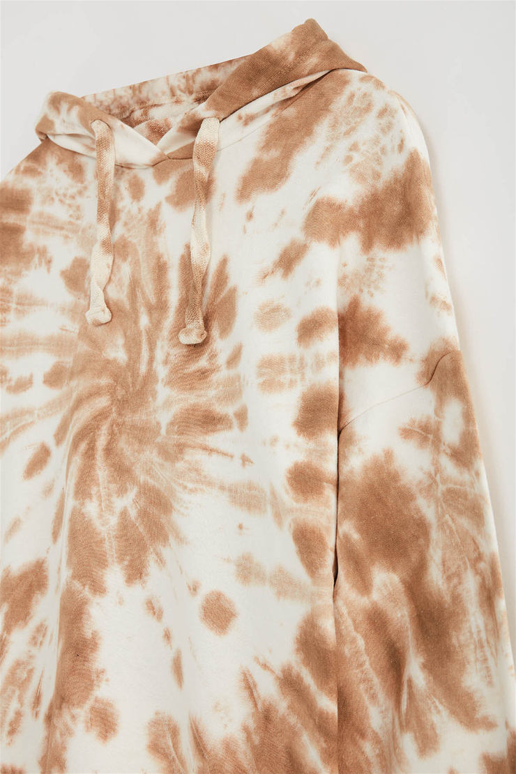 HARMONY Kadın Kahverengi Batik Kapüşonlu Comfort Fit Eşofman Takımı