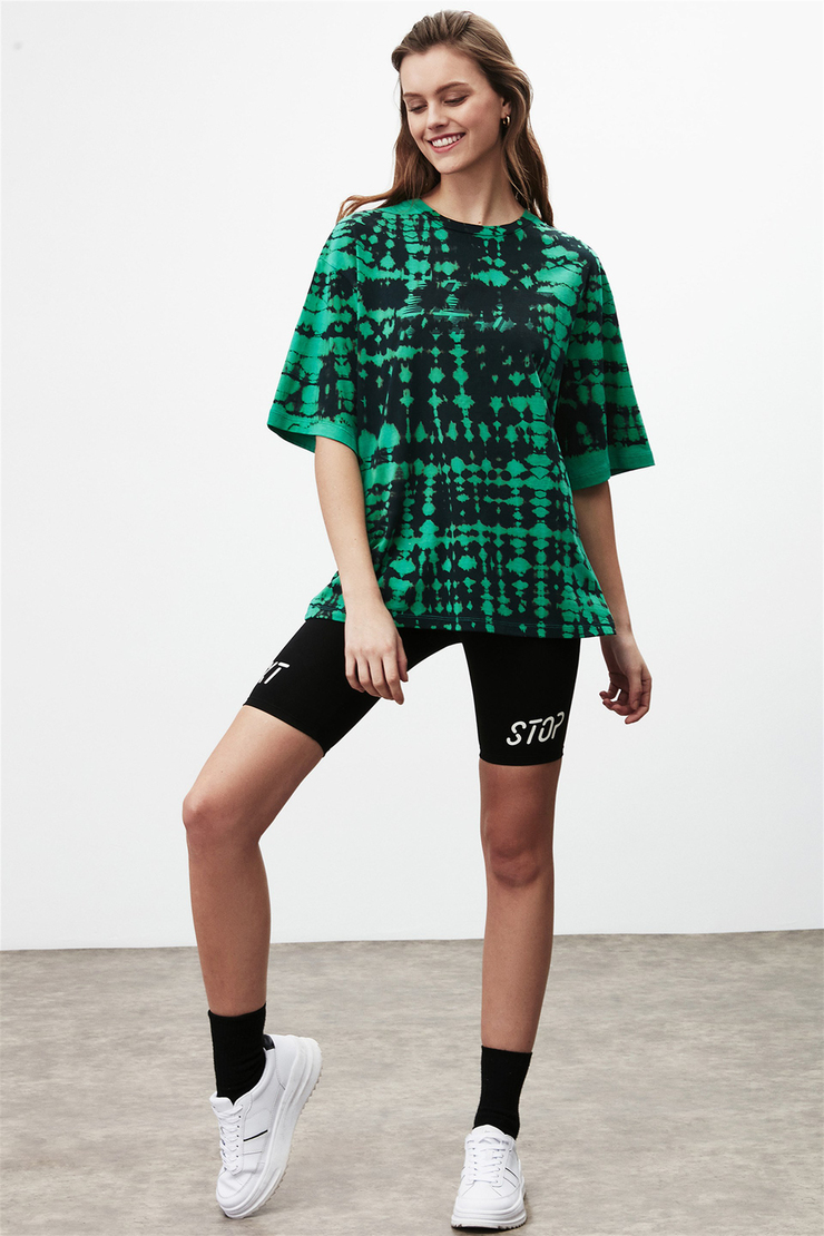 HELEN Kadın Yeşil Batik Yuvarlak Yaka Oversize T-Shirt