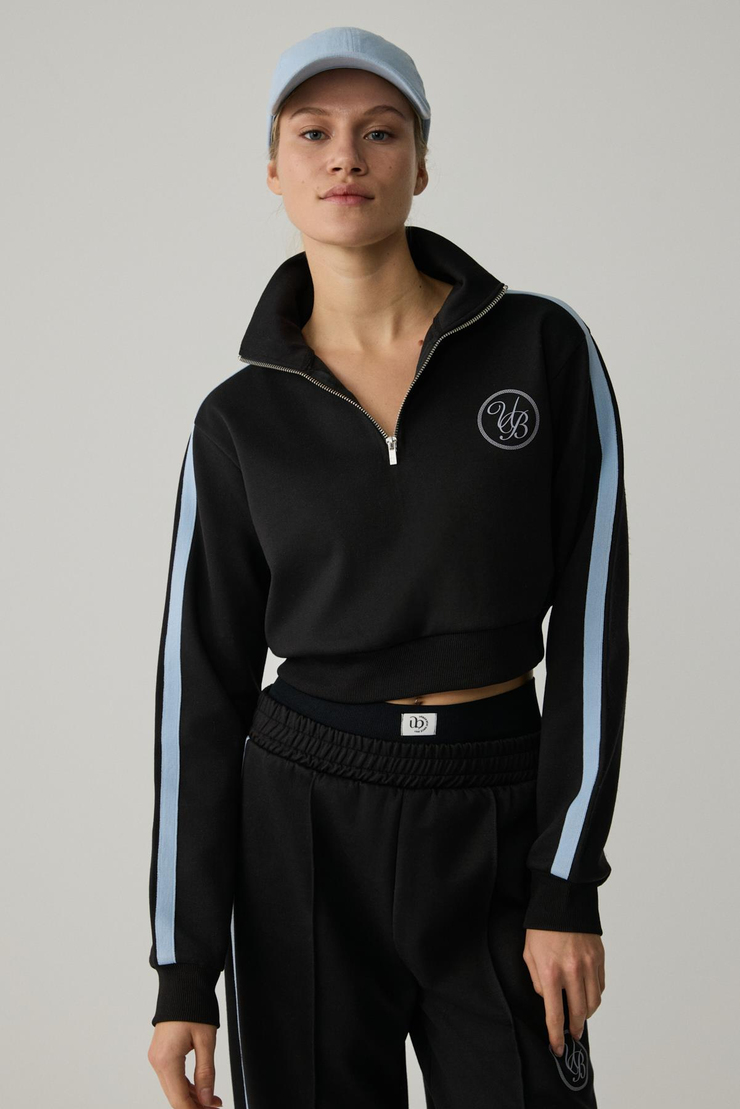 HELENA Kadın Dik Yakalı Fermuarlı Küçük Baskı Motifli Crop Siyah Sweatshirt