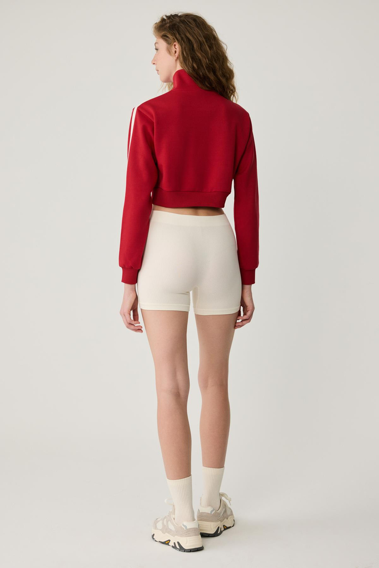 HELENA Kadın Dik Yakalı Fermuarlı Küçük Baskı Motifli Crop Kırmızı Sweatshirt