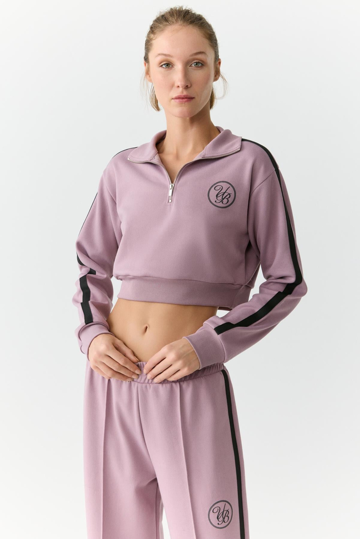 HELENA Kadın Dik Yakalı Fermuarlı Küçük Baskı Motifli Crop Gül Kurusu Sweatshirt