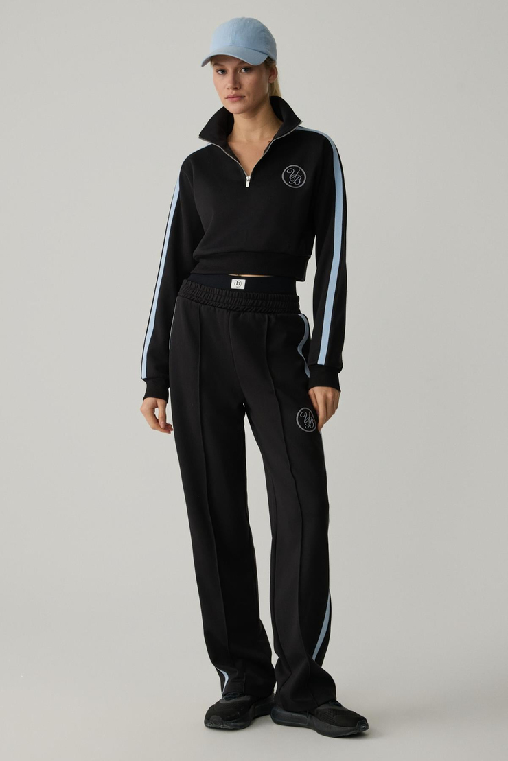 HELENA Kadın Dik Yakalı Fermuarlı Küçük Baskı Motifli Crop Siyah Sweatshirt