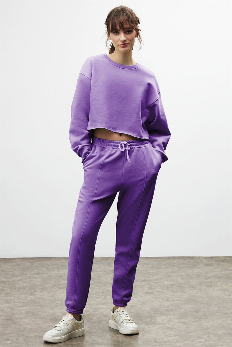 HELICE Kadın Mor Düz Renk Yuvarlak Yaka Crop Fit Sweatshirt