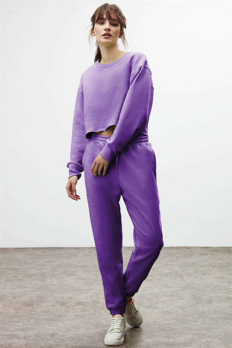 HELICE Kadın Mor Düz Renk Yuvarlak Yaka Crop Fit Sweatshirt