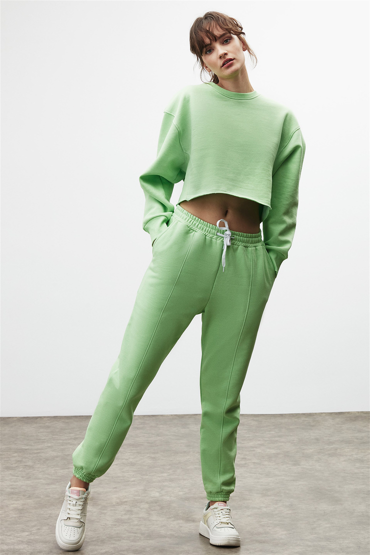 HELICE Kadın Yeşil Düz Renk Yuvarlak Yaka Crop Fit Sweatshirt