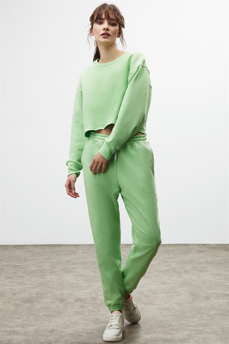HELICE Kadın Yeşil Düz Renk Yuvarlak Yaka Crop Fit Sweatshirt