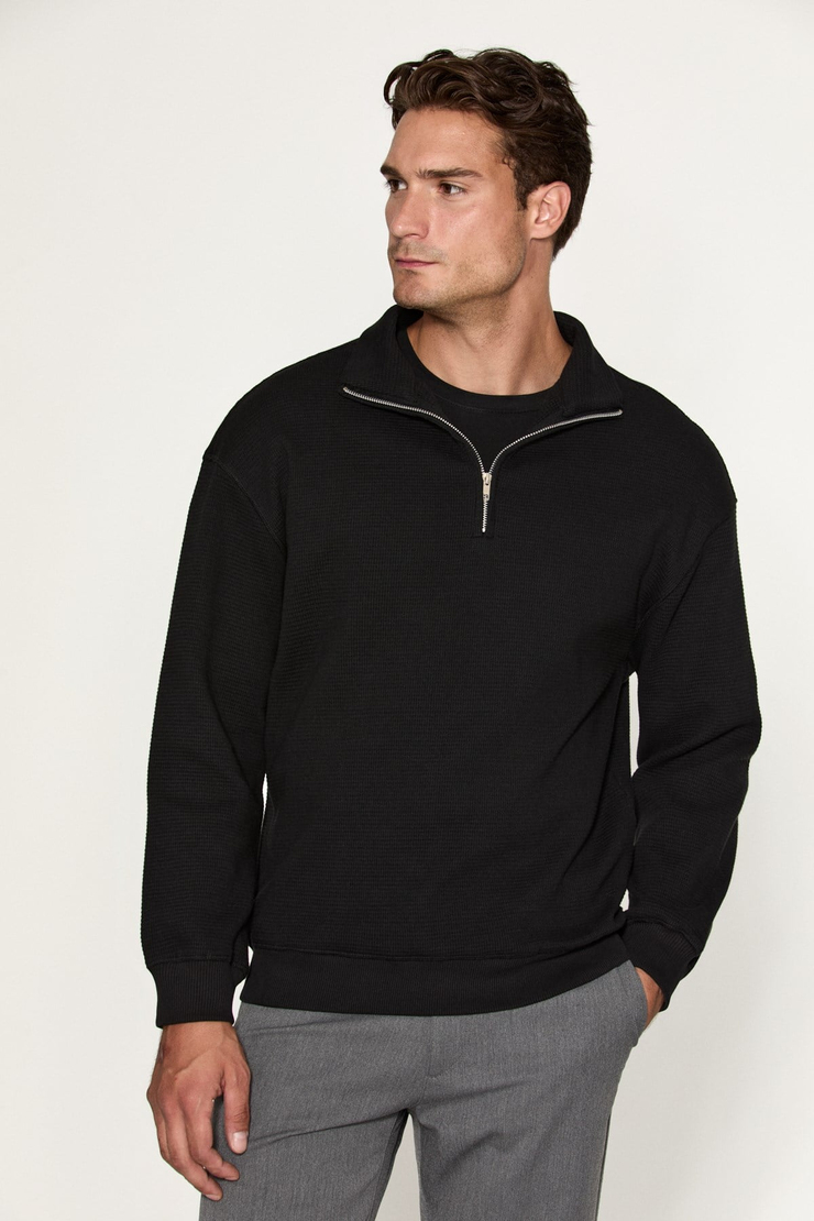 HELOR Erkek Organik Pamuklu Fermuarlı Dik Yaka Siyah Sweatshirt