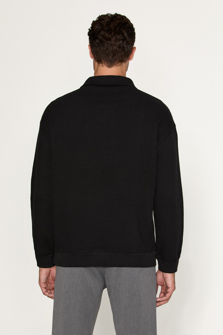 HELOR Erkek Organik Pamuklu Fermuarlı Dik Yaka Siyah Sweatshirt