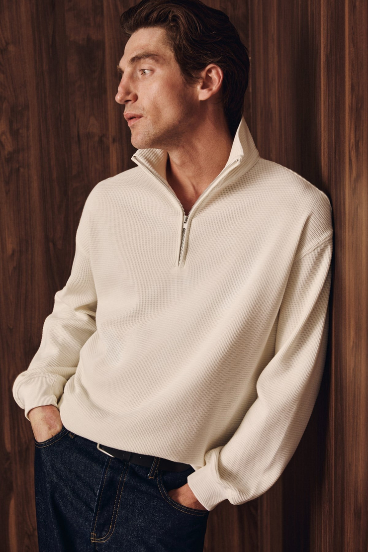 HELOR Erkek Organik Pamuklu Fermuarlı Dik Yaka Ekru Sweatshirt