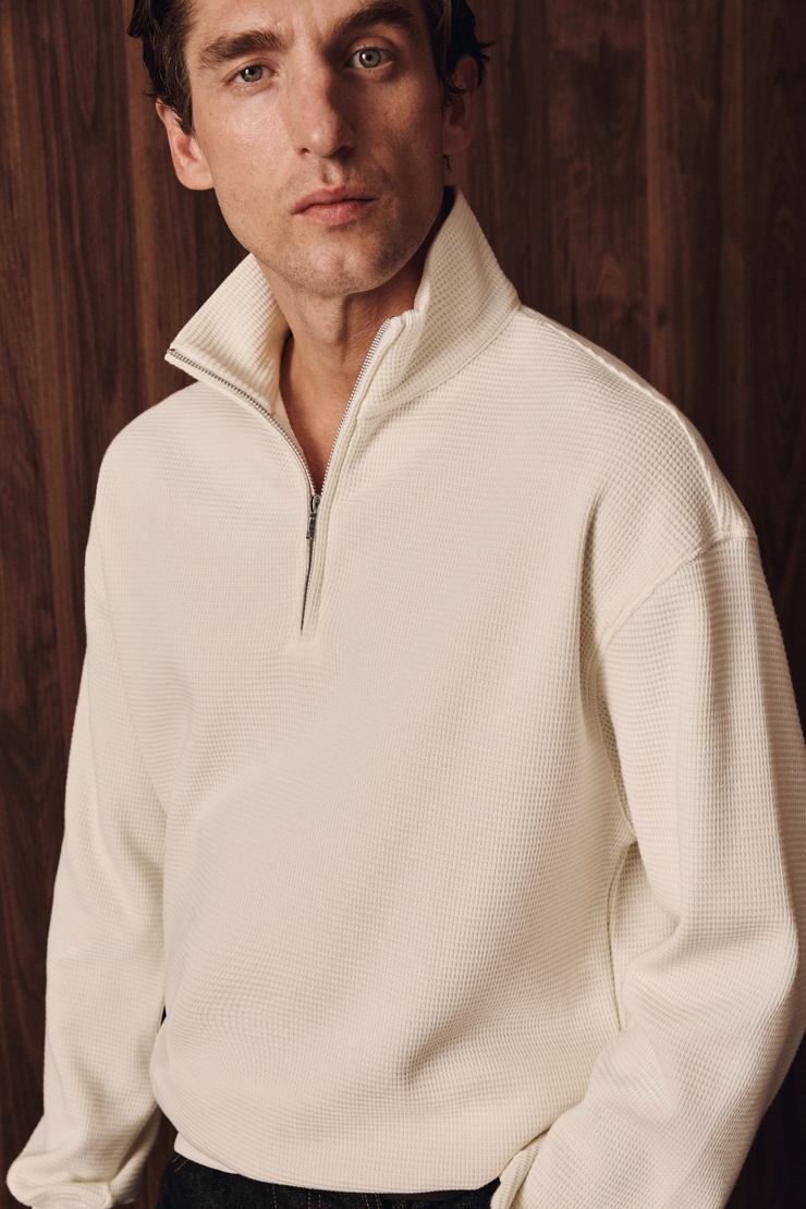 HELOR Erkek Organik Pamuklu Fermuarlı Dik Yaka Ekru Sweatshirt
