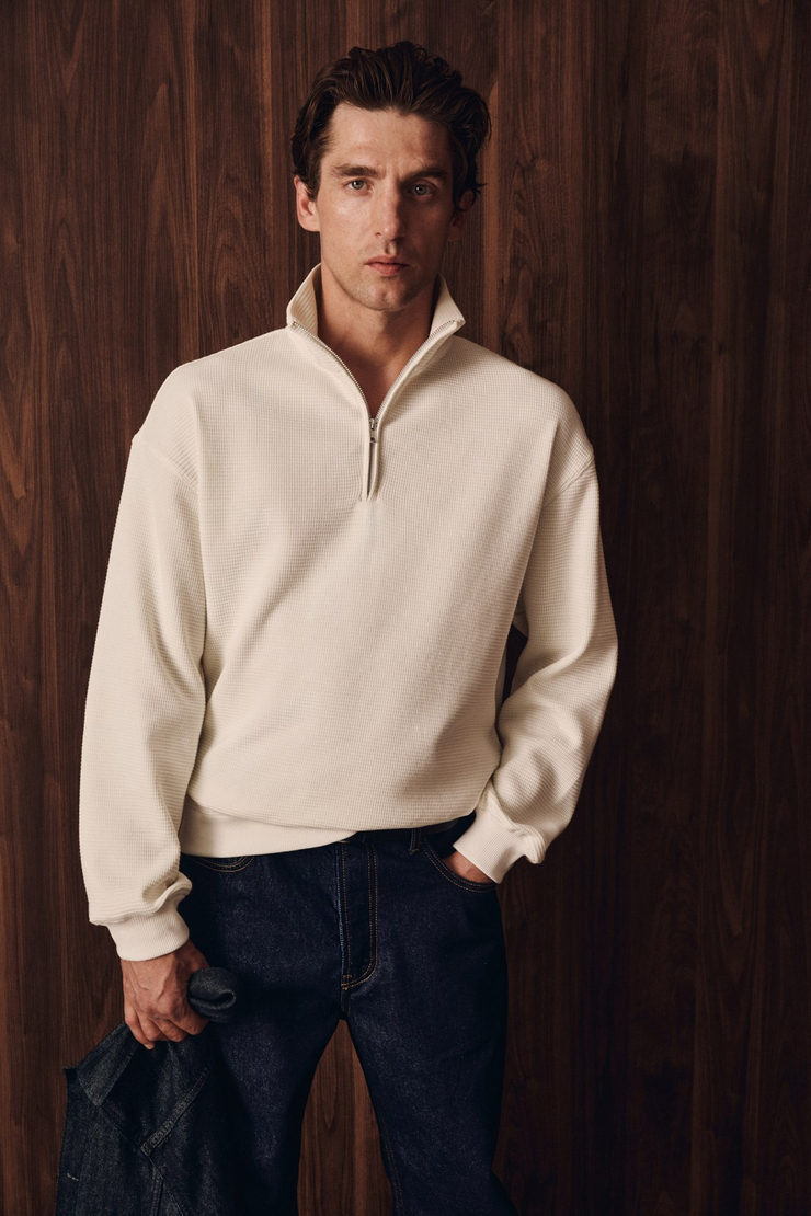 HELOR Erkek Organik Pamuklu Fermuarlı Dik Yaka Ekru Sweatshirt