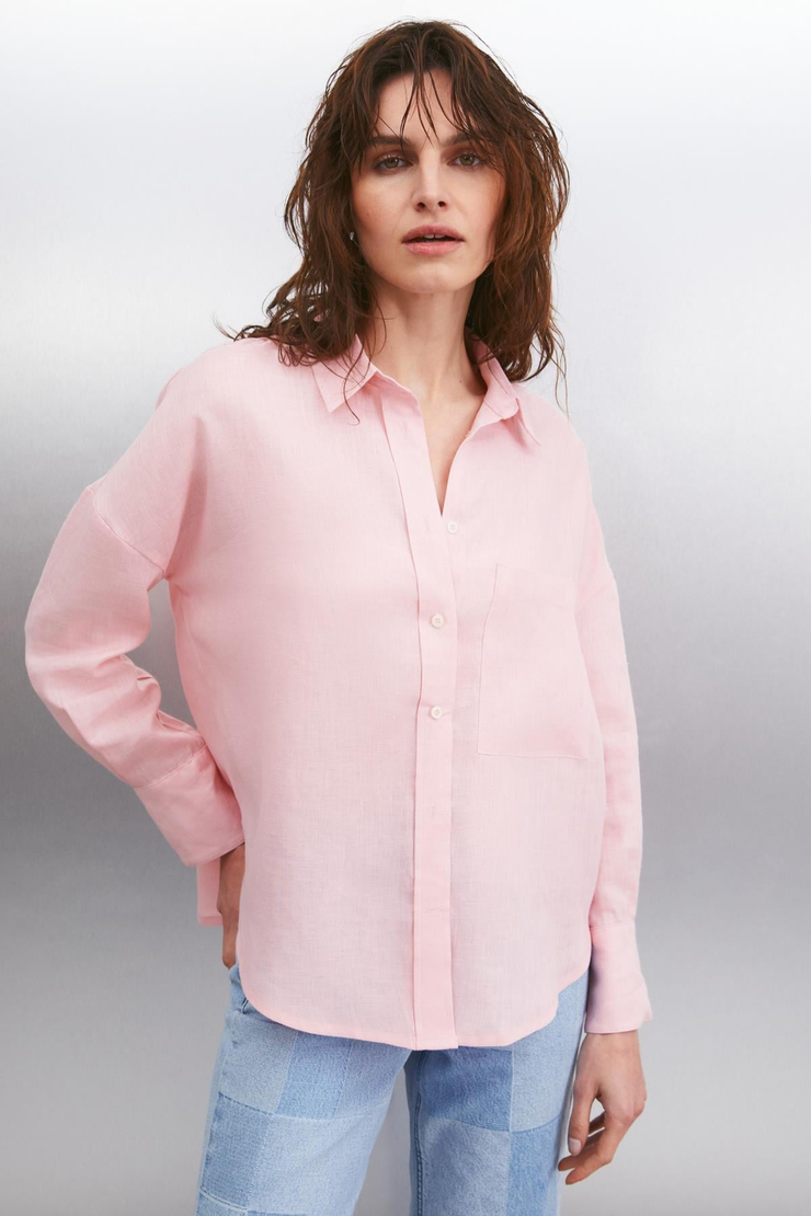 HERLINA Keten Oversize Açık Pembe Tekli Gömlek