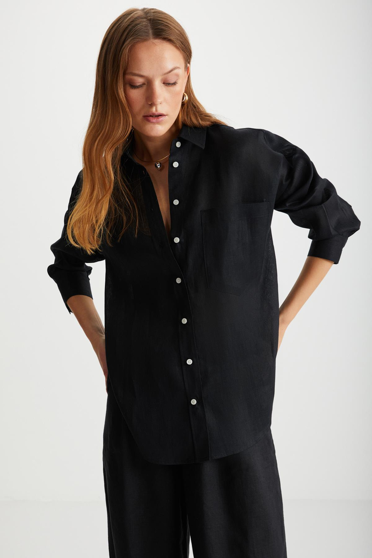 HERLINA Keten Oversize Siyah Tekli Gömlek