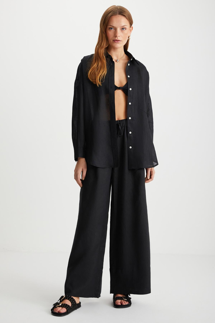 HERLINA Keten Oversize Siyah Tekli Gömlek