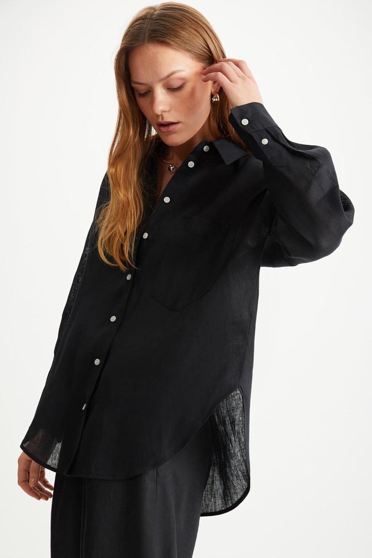 HERLINA Keten Oversize Siyah Tekli Gömlek