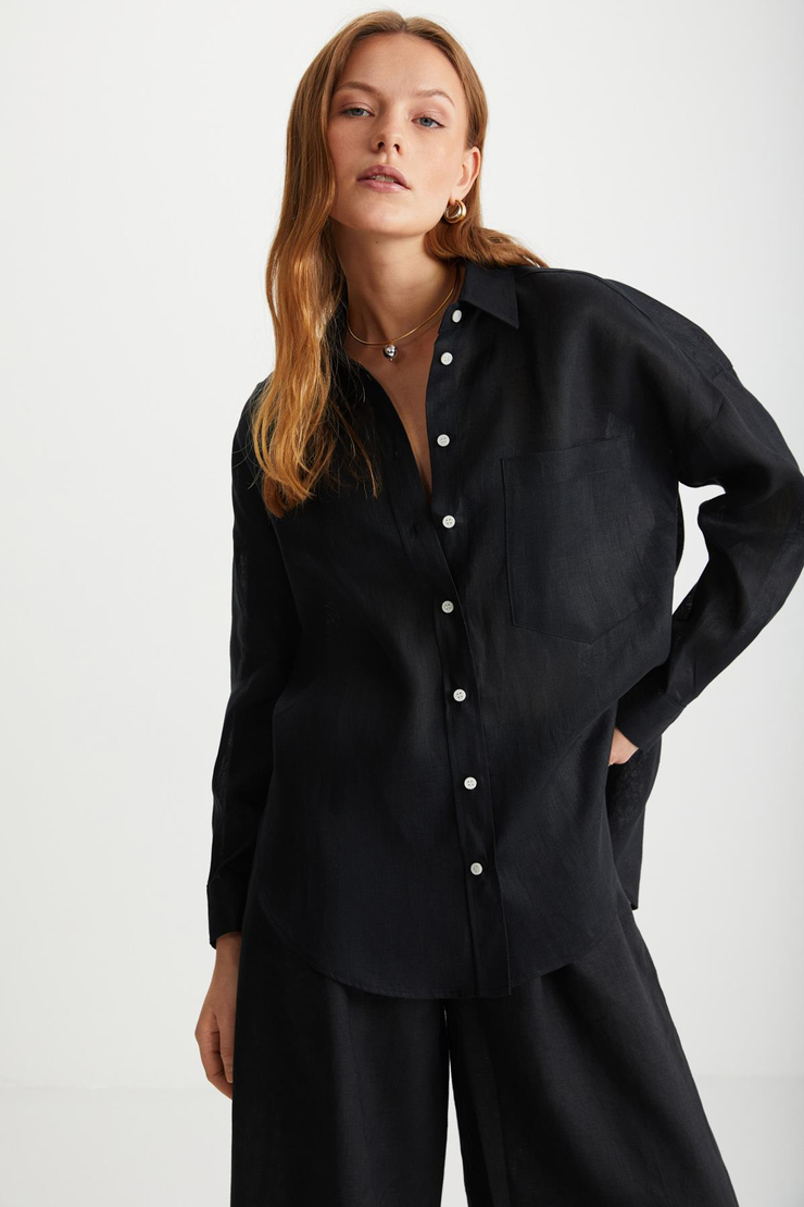 HERLINA Keten Oversize Siyah Tekli Gömlek