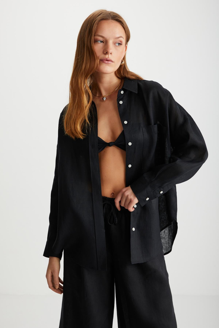 HERLINA Keten Oversize Siyah Tekli Gömlek