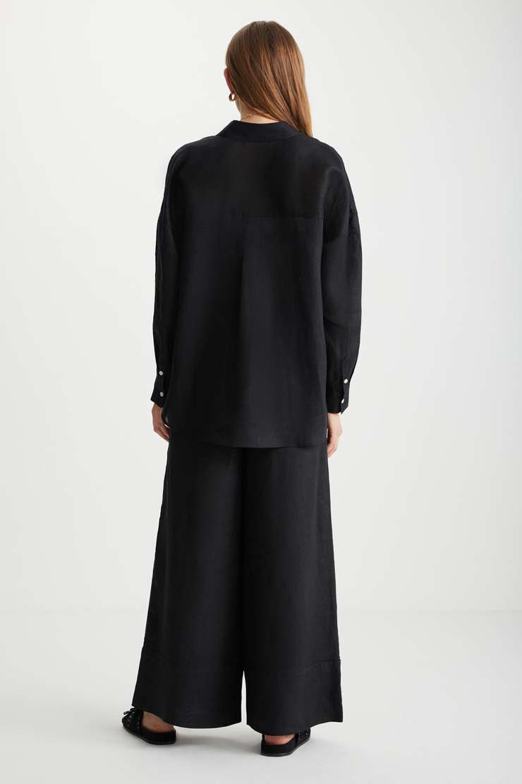 HERLINA Keten Oversize Siyah Tekli Gömlek