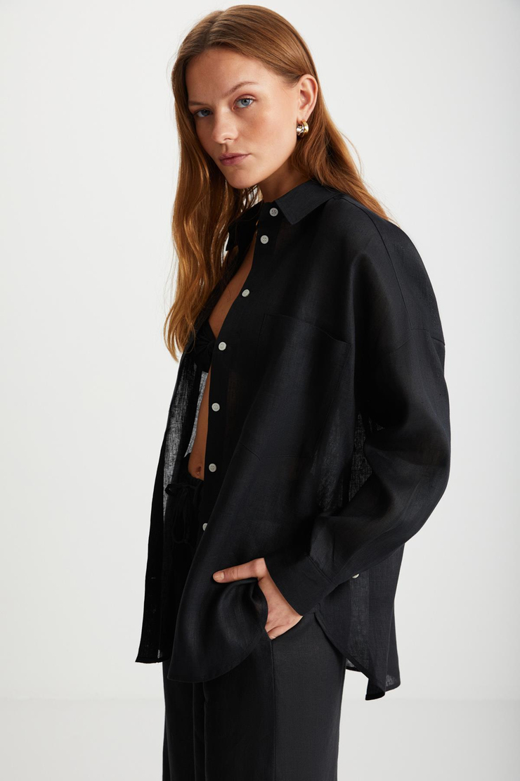 HERLINA Keten Oversize Siyah Tekli Gömlek