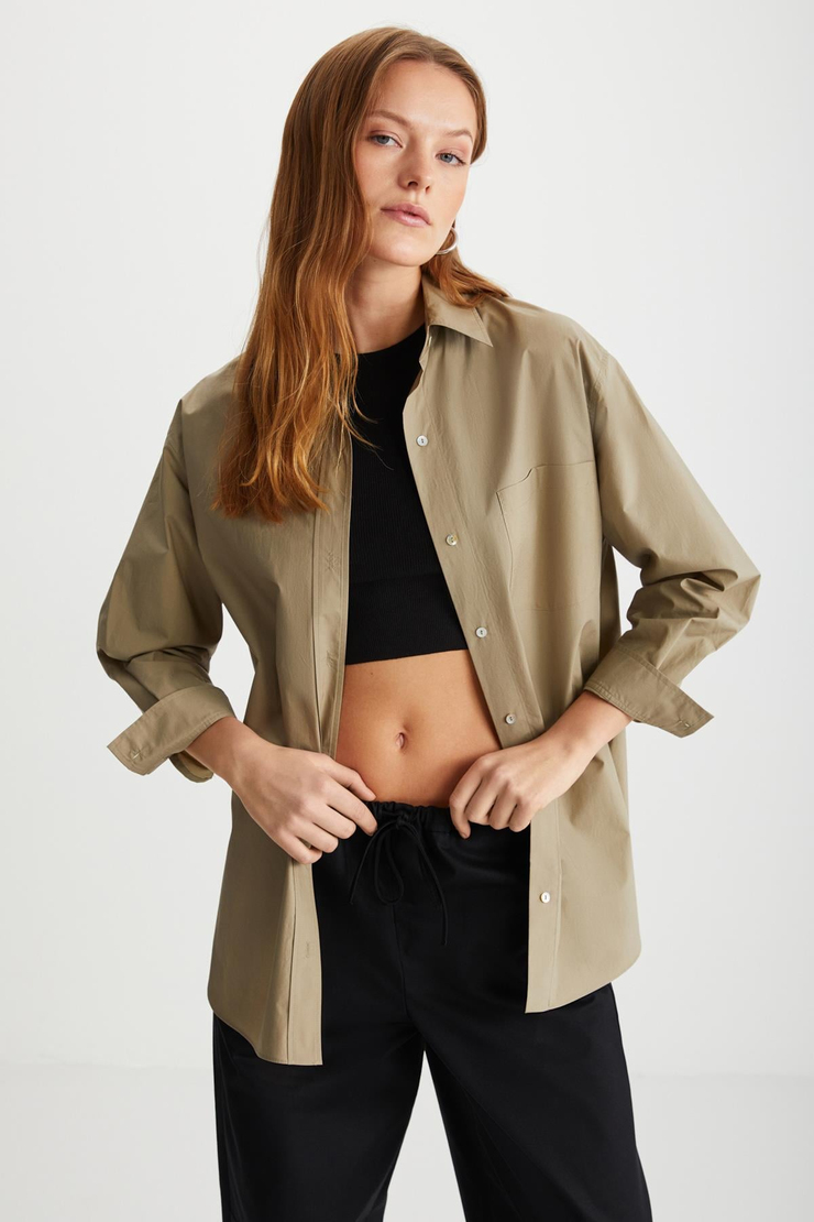 HERLINA Keten Oversize Vizon Tekli Gömlek