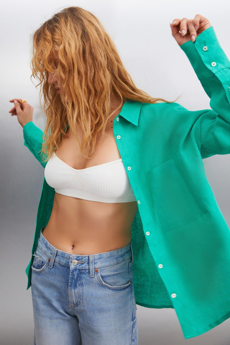 HERLINA Keten Oversize Yeşil Tekli Gömlek