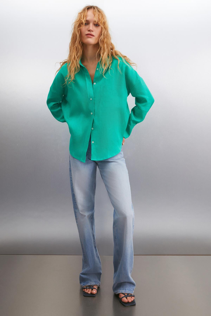 HERLINA Keten Oversize Yeşil Tekli Gömlek