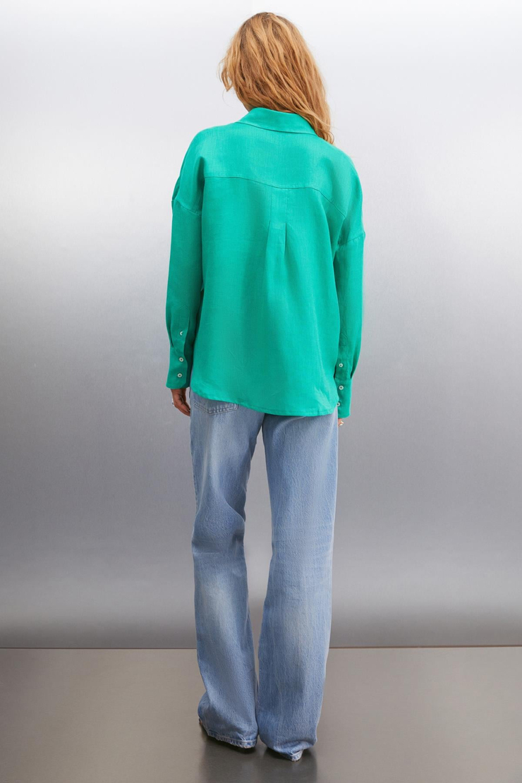 HERLINA Keten Oversize Yeşil Tekli Gömlek
