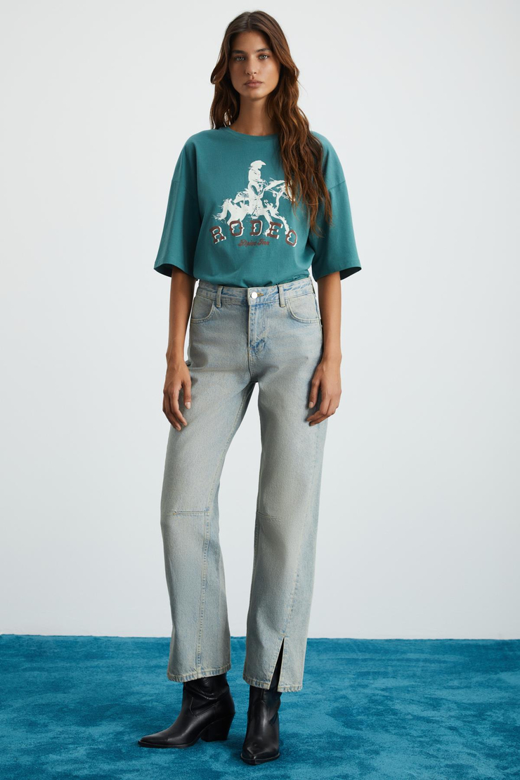 HEYLEY Basic Straight Mavi Tekli Jeans