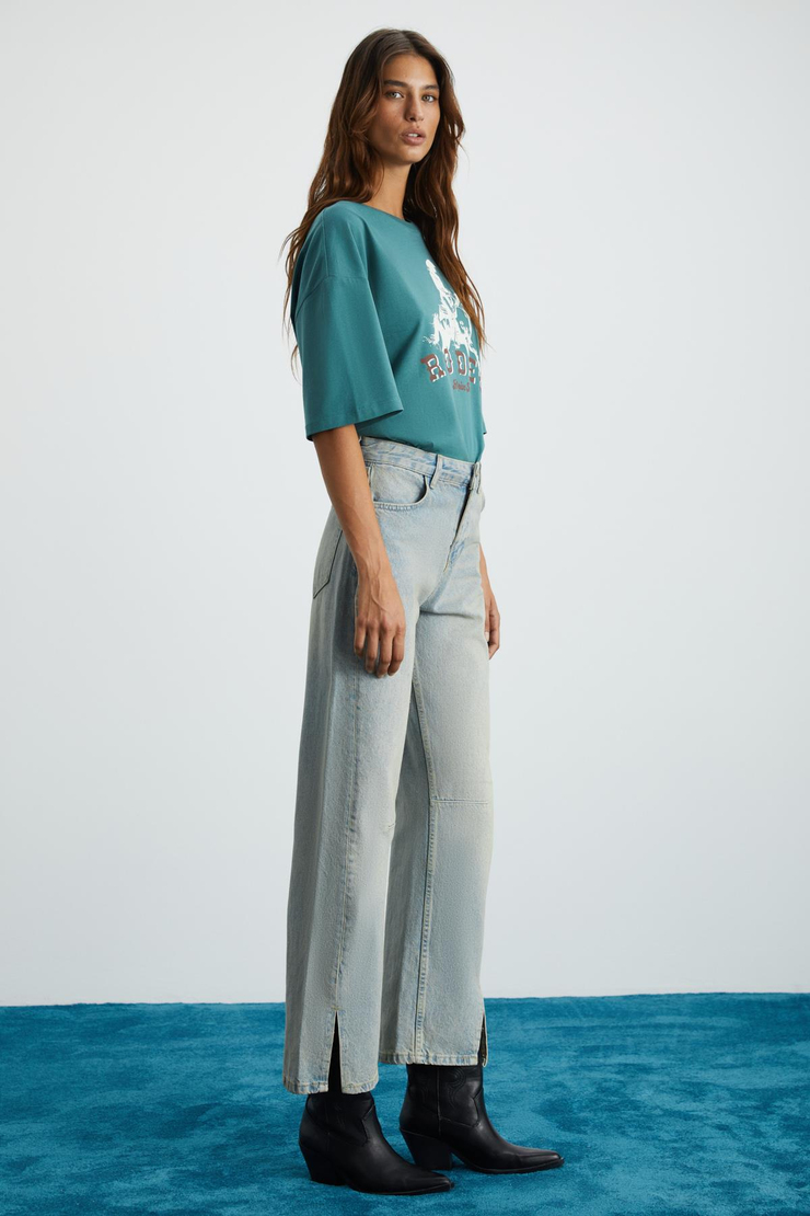 HEYLEY Basic Straight Mavi Tekli Jeans