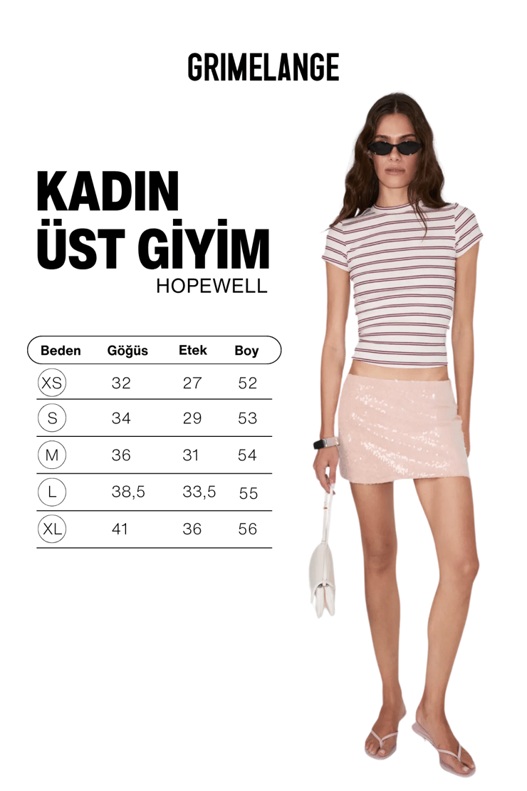 HOPEWELL Kadın Yuvarlak Yaka Örme Slim Fit Ekru Bordo Çizgili T-Shirt