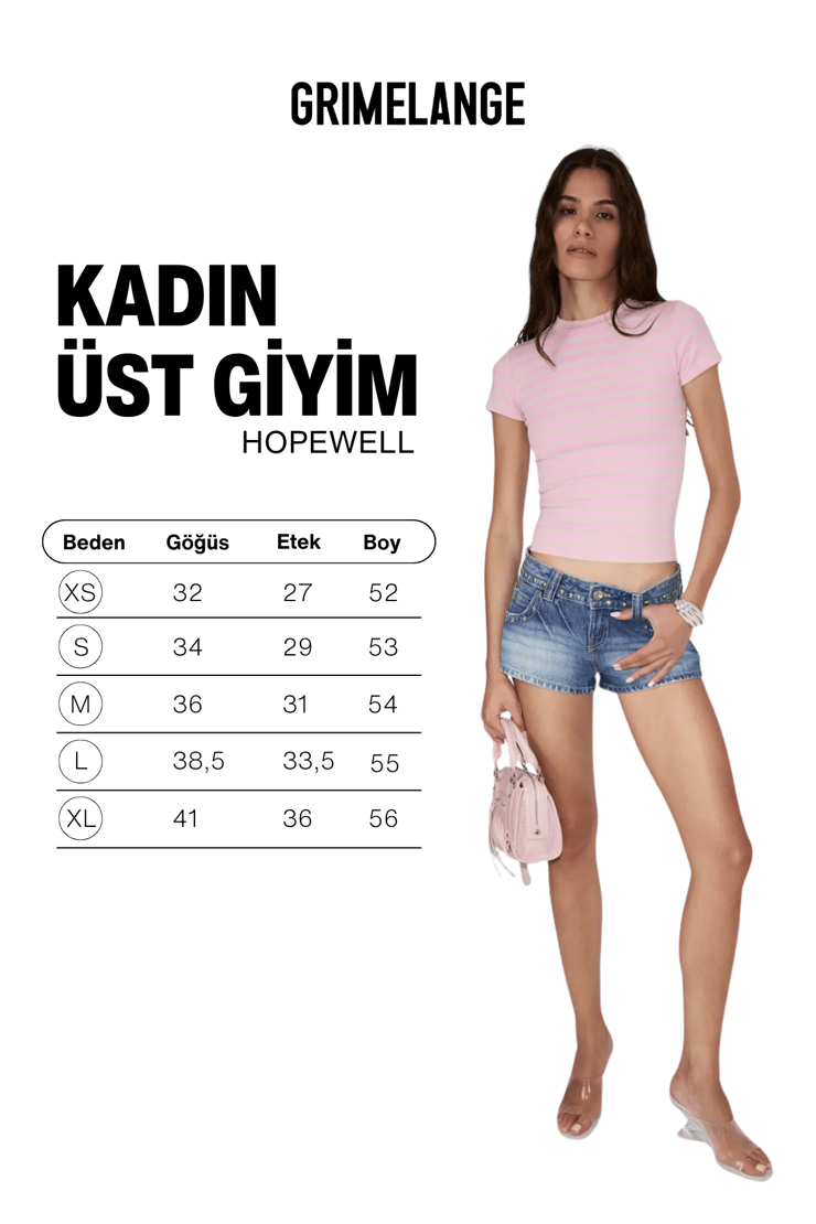 HOPEWELL Kadın Yuvarlak Yaka Örme Slim Fit Pembe-A.Pembe Çizgili T-Shirt