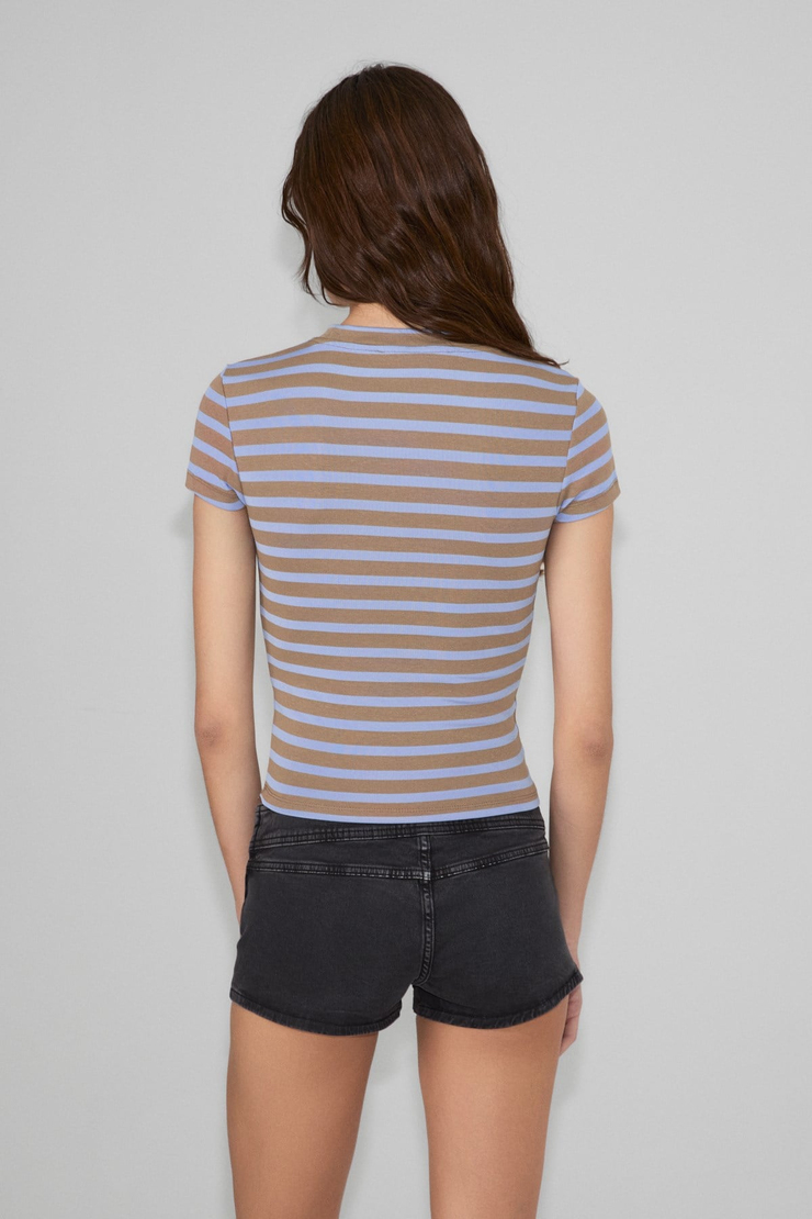 HOPEWELL Kadın Yuvarlak Yaka Örme Slim Fit Mavi-Kahverengi Çizgili T-Shirt