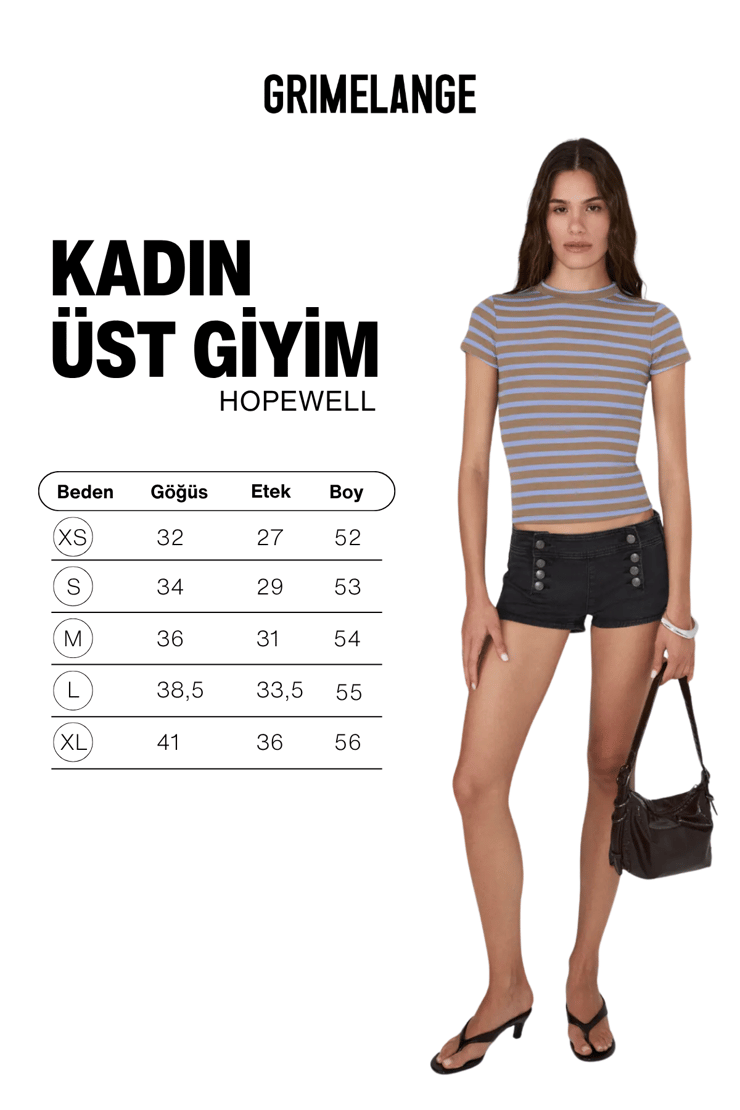 HOPEWELL Kadın Yuvarlak Yaka Örme Slim Fit Mavi-Kahverengi Çizgili T-Shirt